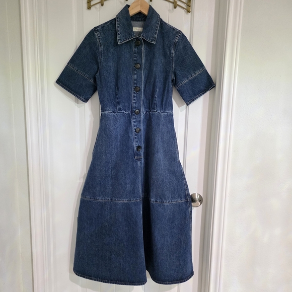 NWOT CO Blue Denim Midi A Line Button Down Dress XS $695 - Picture 2 of 6